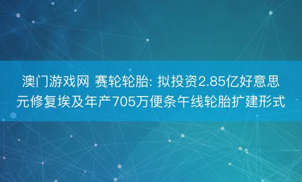 澳门游戏网 赛轮轮胎: 拟投资2.85亿好意思元修复埃及年产705万便条午线轮胎扩建形式